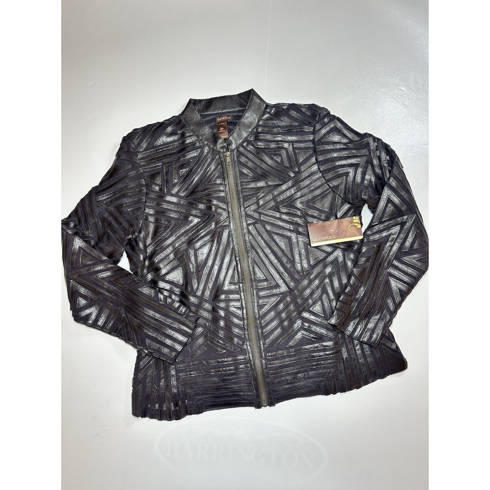 Multiples Faux Leather Geometric Pattern Zip Fron… - image 1